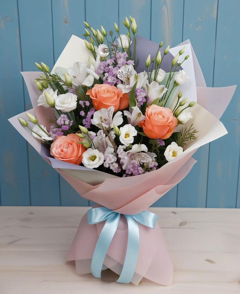 Букет цветов из: Лизиантусы, Розы, Альстромерии и Гипсофила в Цоци-Юрте