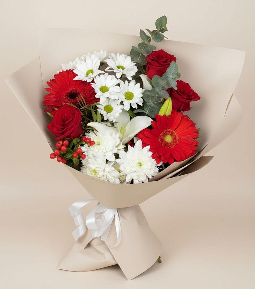 Букет цветов из: Розы, Хризантемы, Герберы и Лилии в Цоци-Юрте